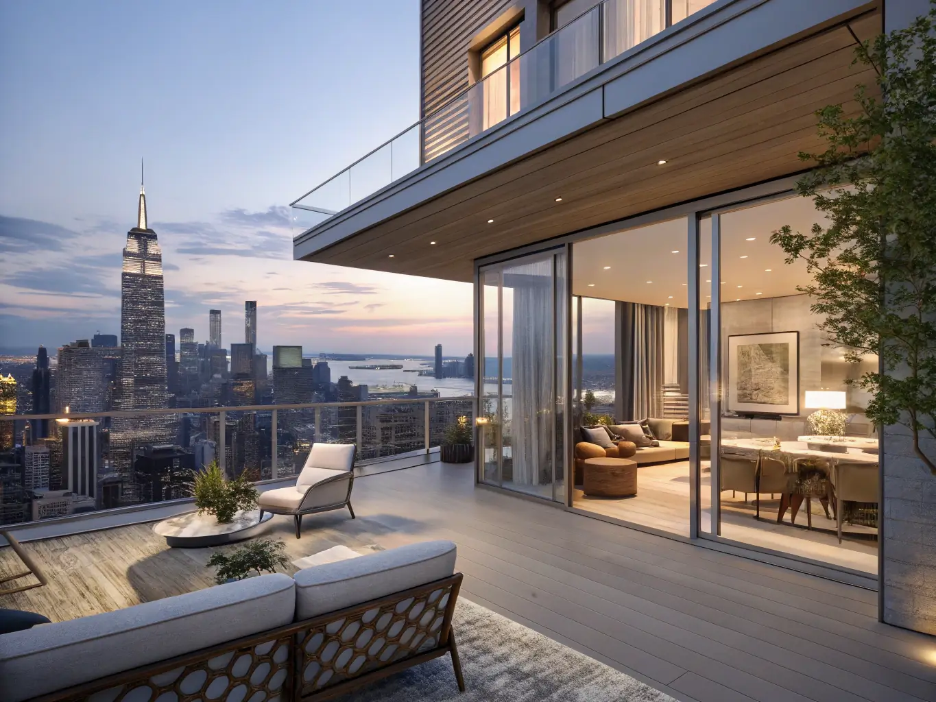 A photograph capturing the modern and luxurious interior of a penthouse in Zurich, emphasizing its private rooftop terrace and state-of-the-art amenities.