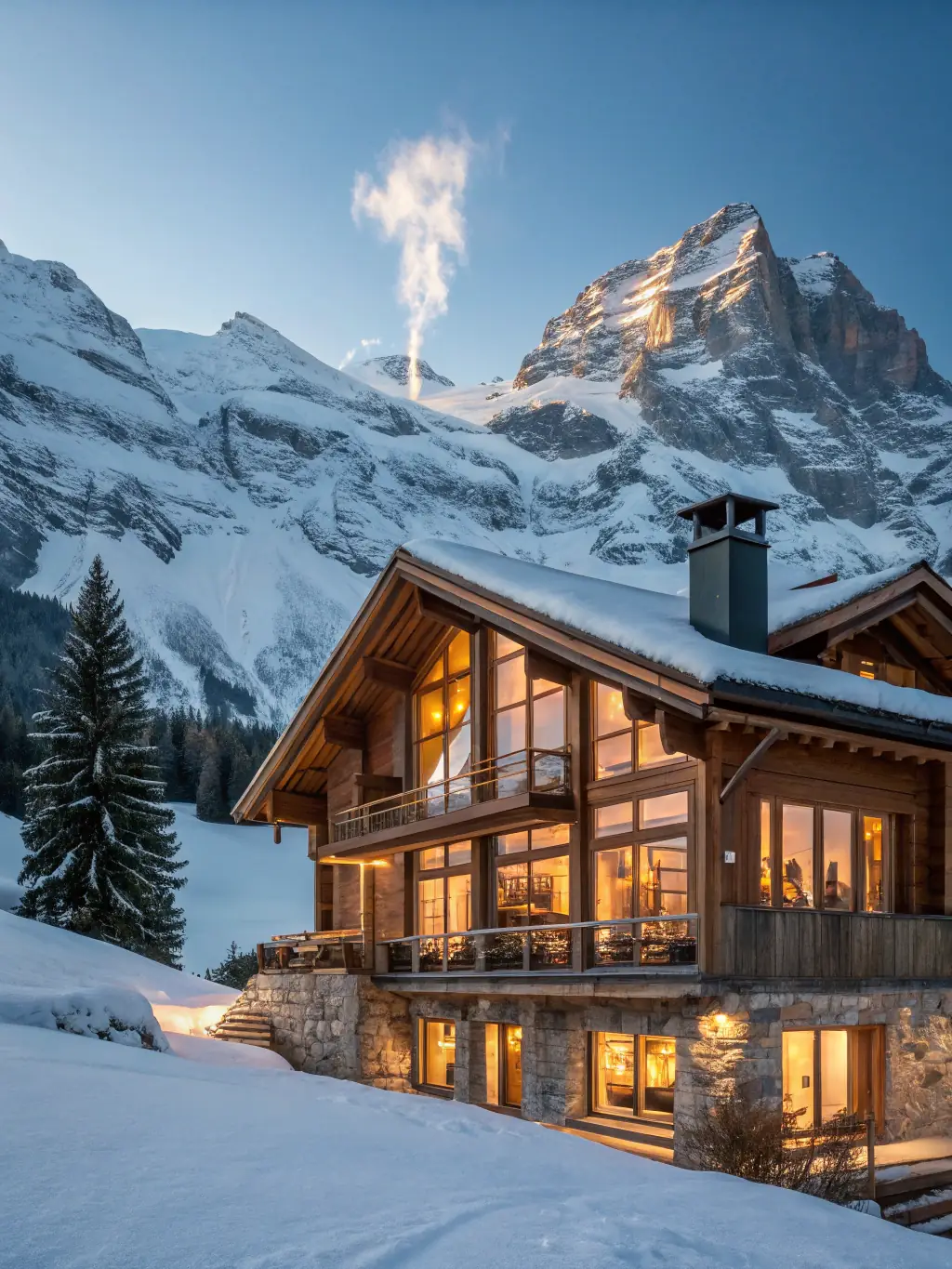A luxurious ski chalet nestled in the Swiss Alps, featuring a roaring fireplace, panoramic mountain views, and ski-in/ski-out access, perfect for a winter lifestyle.