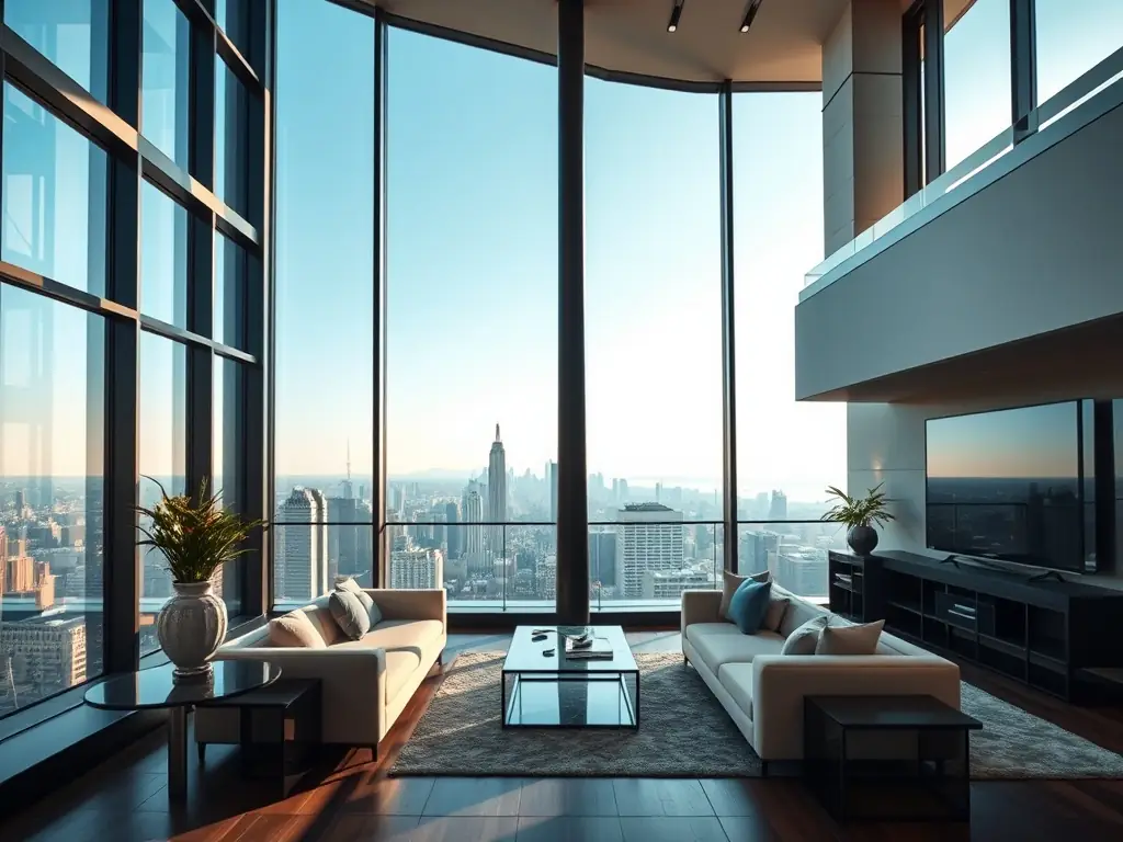 A modern penthouse apartment in Zurich, Switzerland, featuring floor-to-ceiling windows with panoramic city views, reflecting the height of urban luxury and sophisticated design.